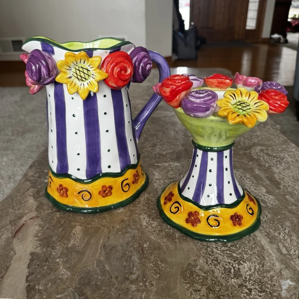 Ceramic Glazed Pottery Pitcher And Candle Or Cupcake Holder Roses Flowers Wow!